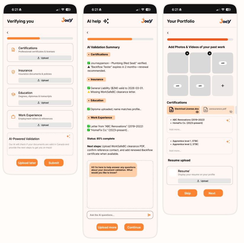 Joey Wireframes – Worker Onboarding Prototype Screens